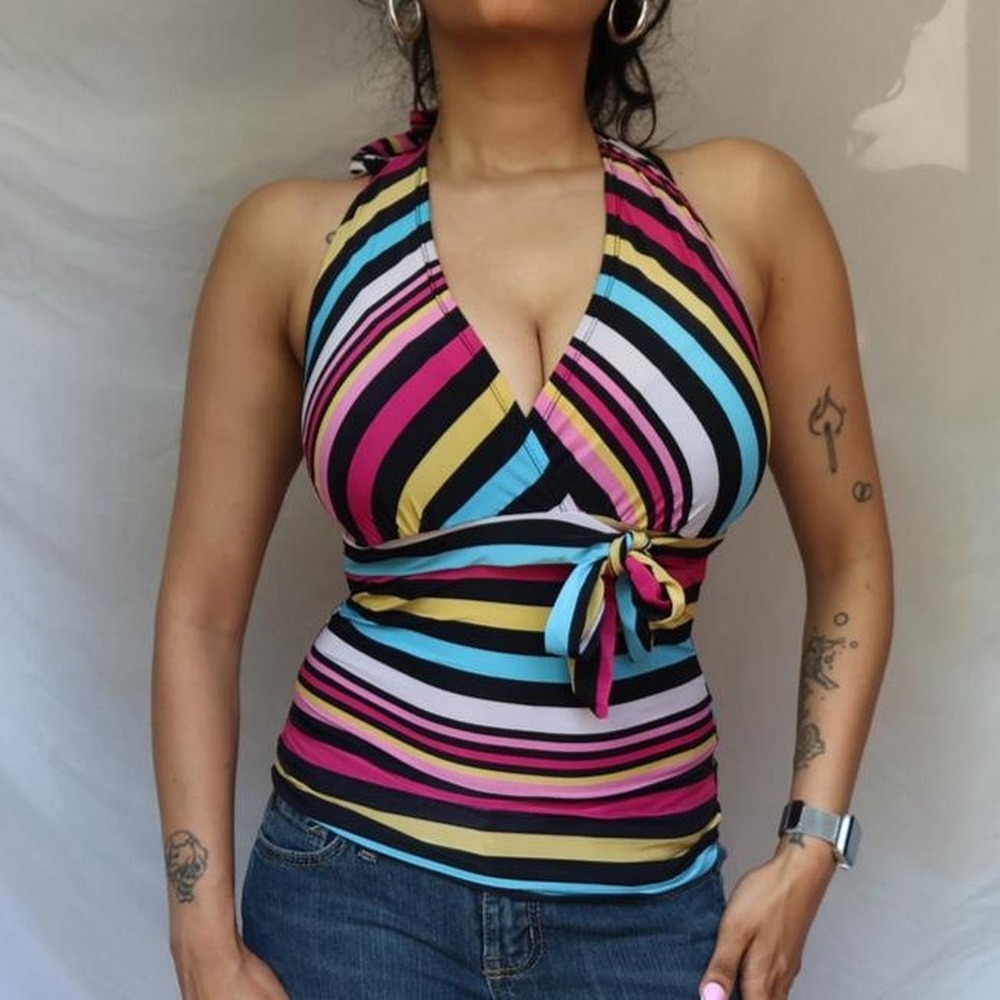 Striped Backless Halter Neck Tie Babydoll Top